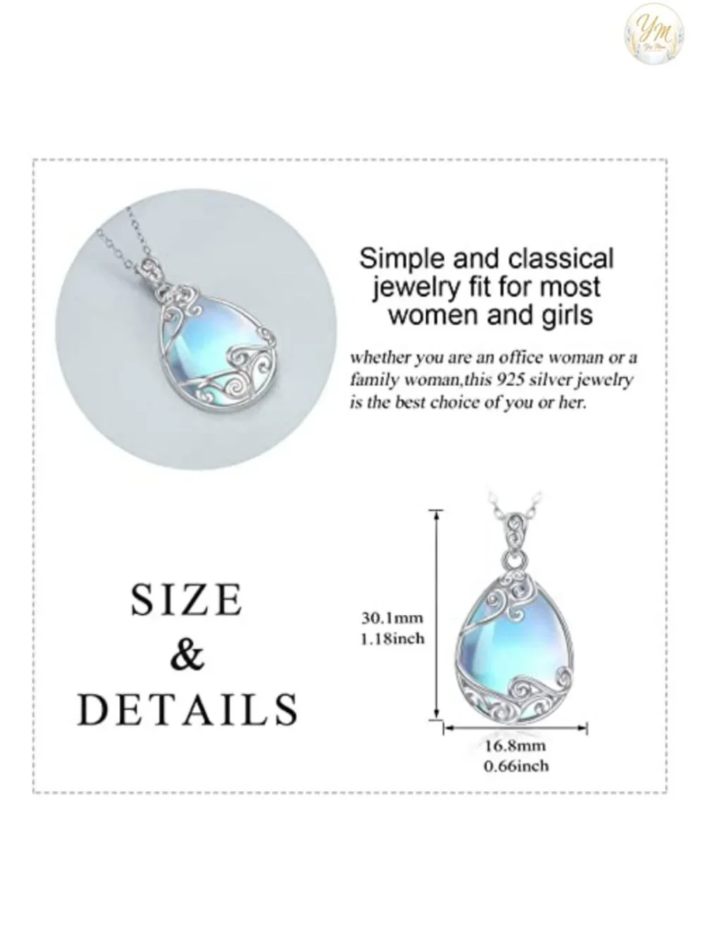 925 Sterling Silver Moonstone Necklace, Filigree Teardrop Pendant, Women's